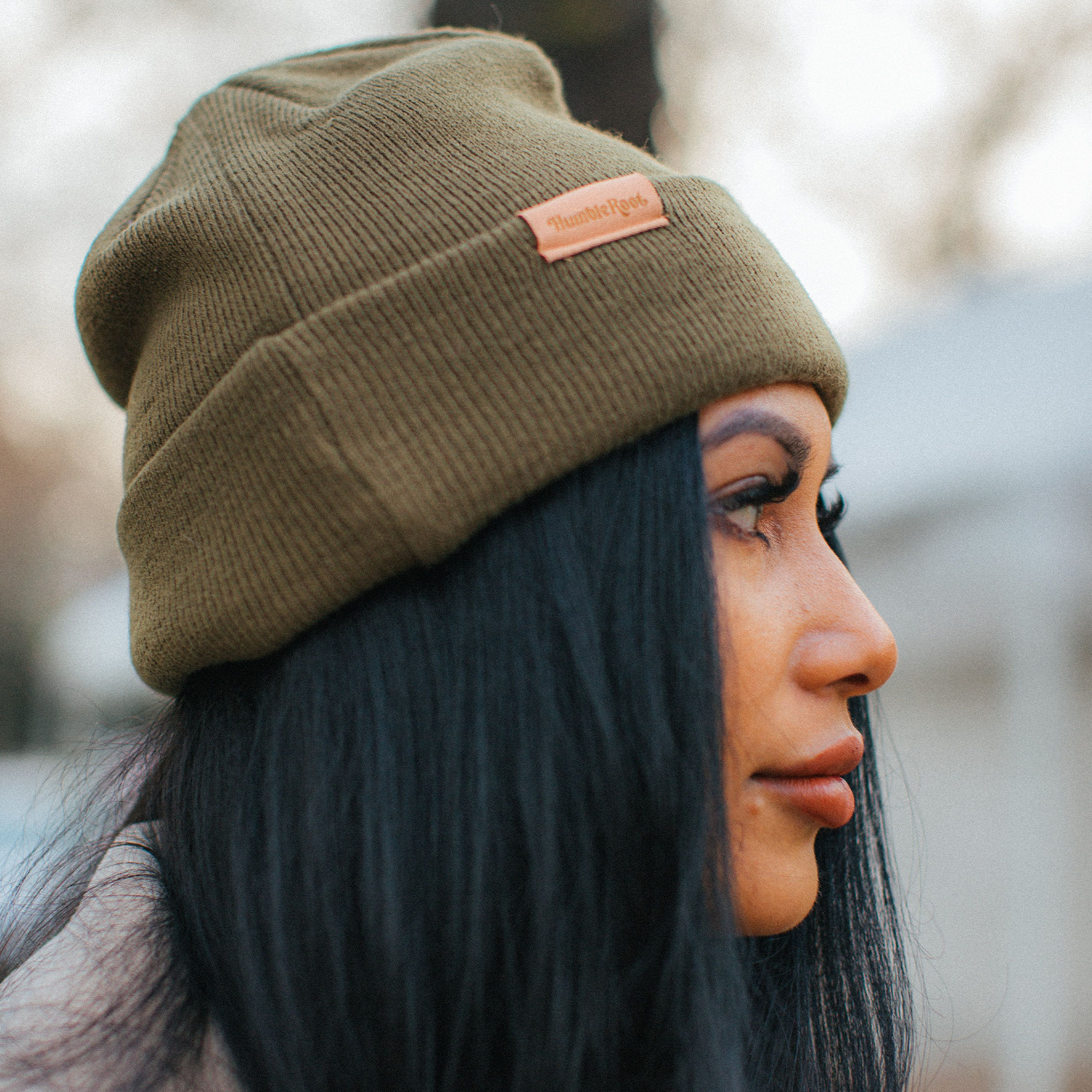 Stay Humble Beanie w/ Leather Patch (Olive Green)